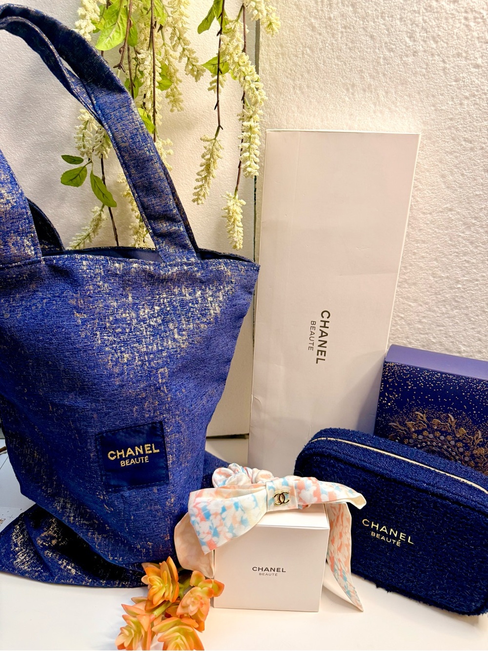 GWP Chanel Blue Textured Tote Bag & Makeup Bag